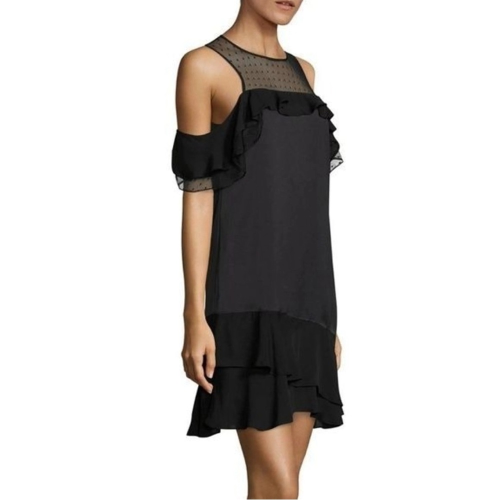 NWT PARKER Sm Black Layer Ruffle Dress Lace Flounce Shoulder Mini Quiet Luxury